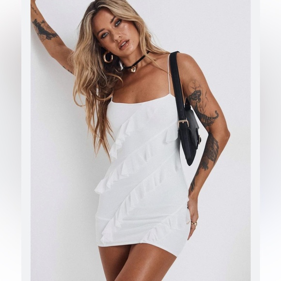 Princess Polly White Ruffled Asymmetrical Mini Dress - Picture 1 of 9